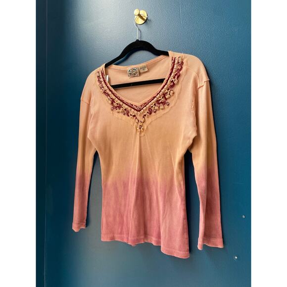 24 Karat Y2k Pink Dip Dye Beaded Knit Top V-neck Long Sleeve Women's Size Medium - Picture 1 of 4